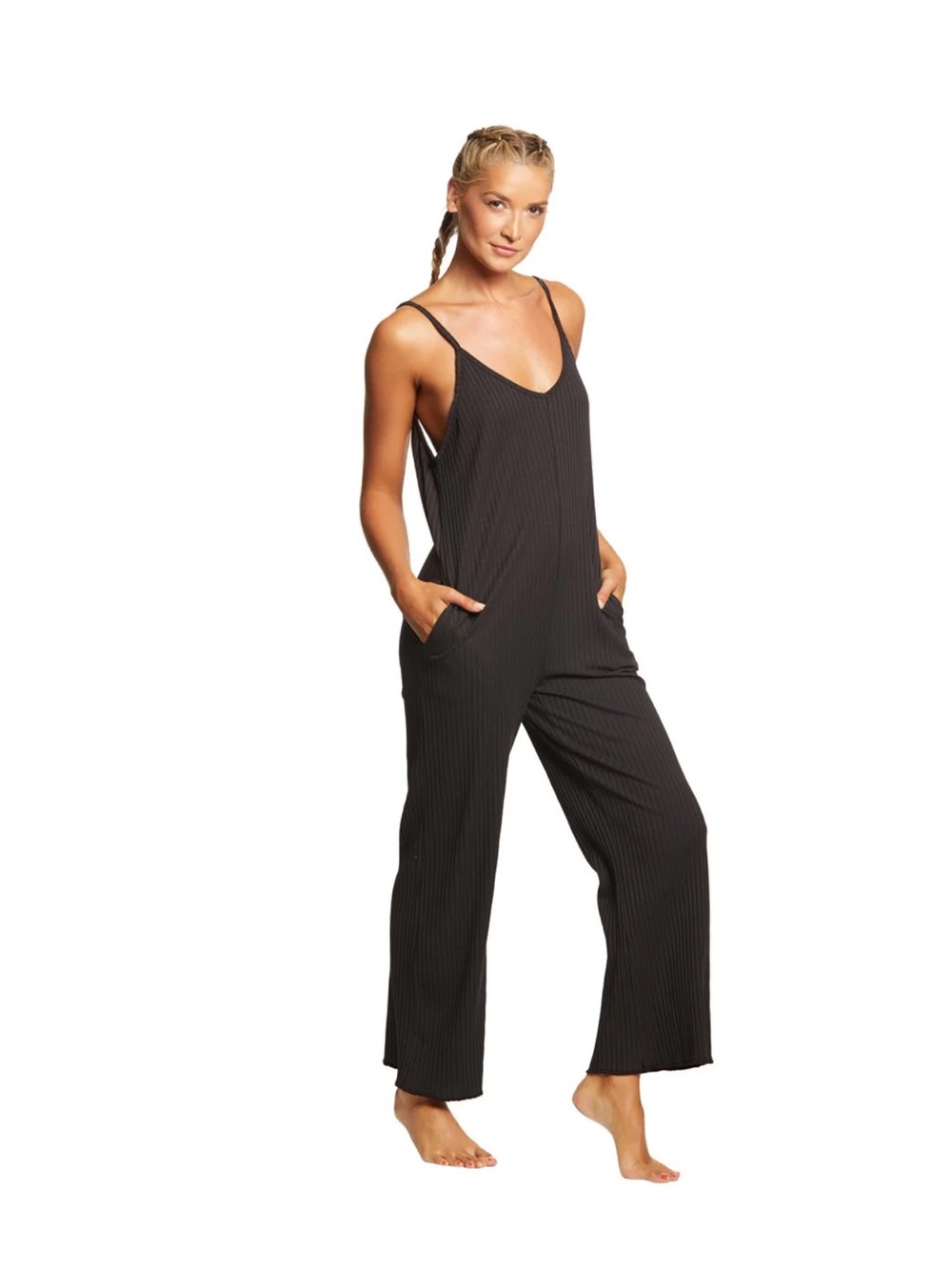 Spiritual Gangster Black Ribbed Wide-Leg Spaghetti Strap Jumpsuit